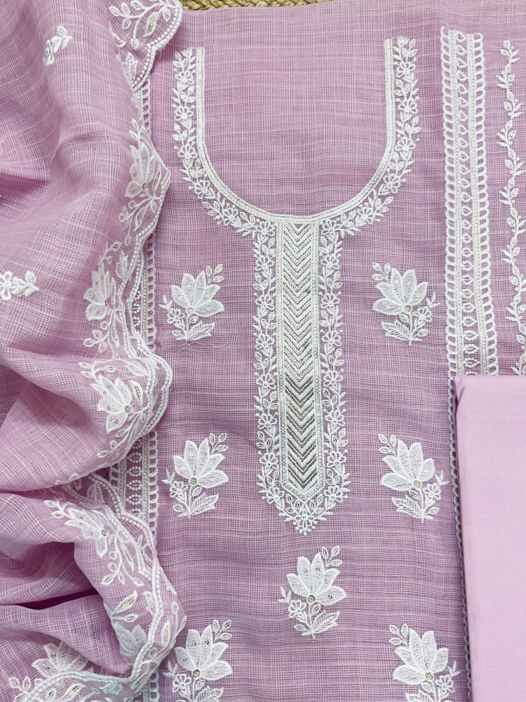 Image of Soft Jute Kota Cotton Embroidered Suit - Lavender