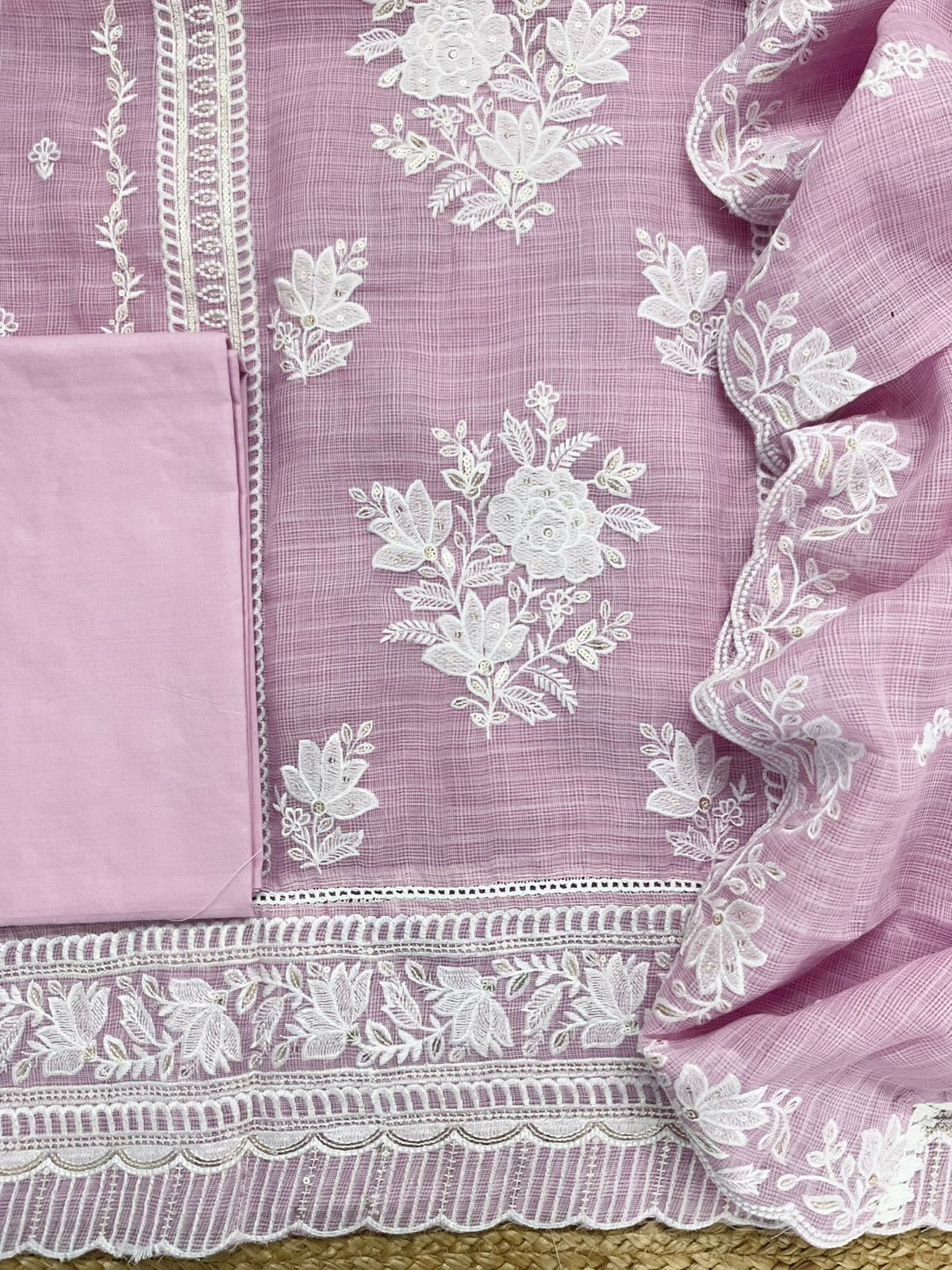 Soft Jute Kota Cotton Embroidered Suit - Lavender