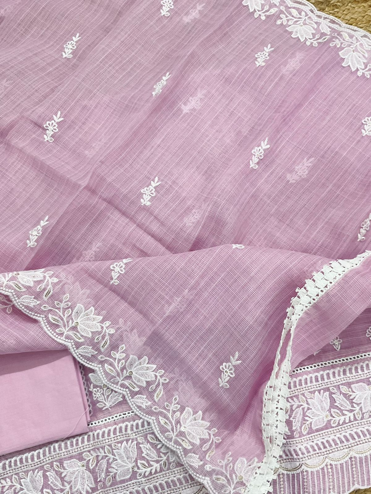 Soft Jute Kota Cotton Embroidered Suit - Lavender