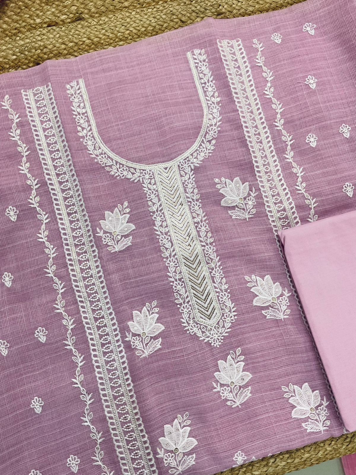 Soft Jute Kota Cotton Embroidered Suit - Lavender