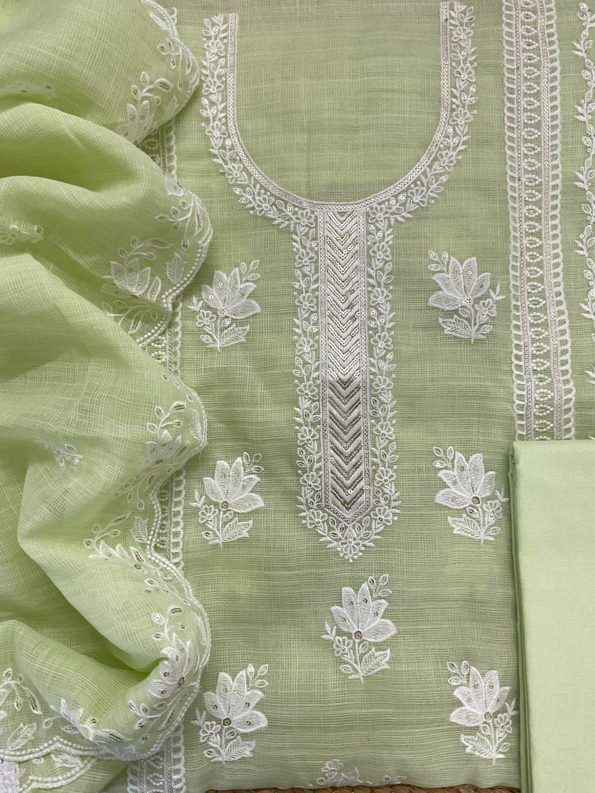 Soft Jute Kota Cotton Embroidered Suit - Green
