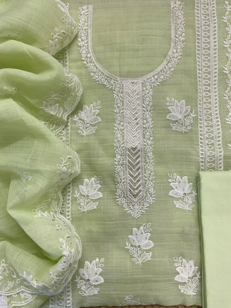 Image of Soft Jute Kota Cotton Embroidered Suit - Green