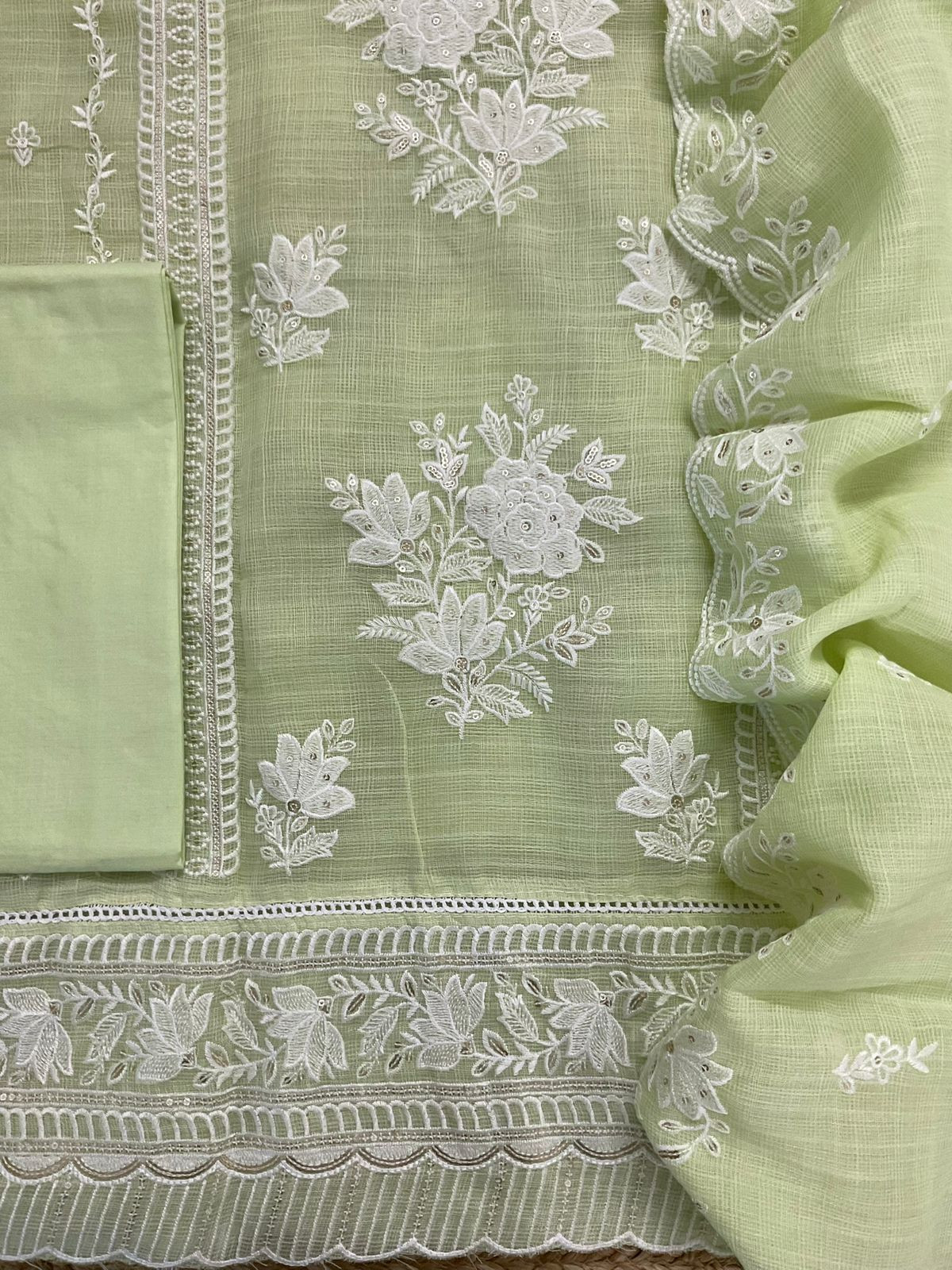 Soft Jute Kota Cotton Embroidered Suit - Green