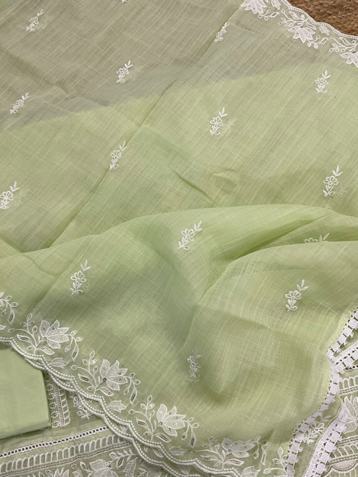 Soft Jute Kota Cotton Embroidered Suit - Green