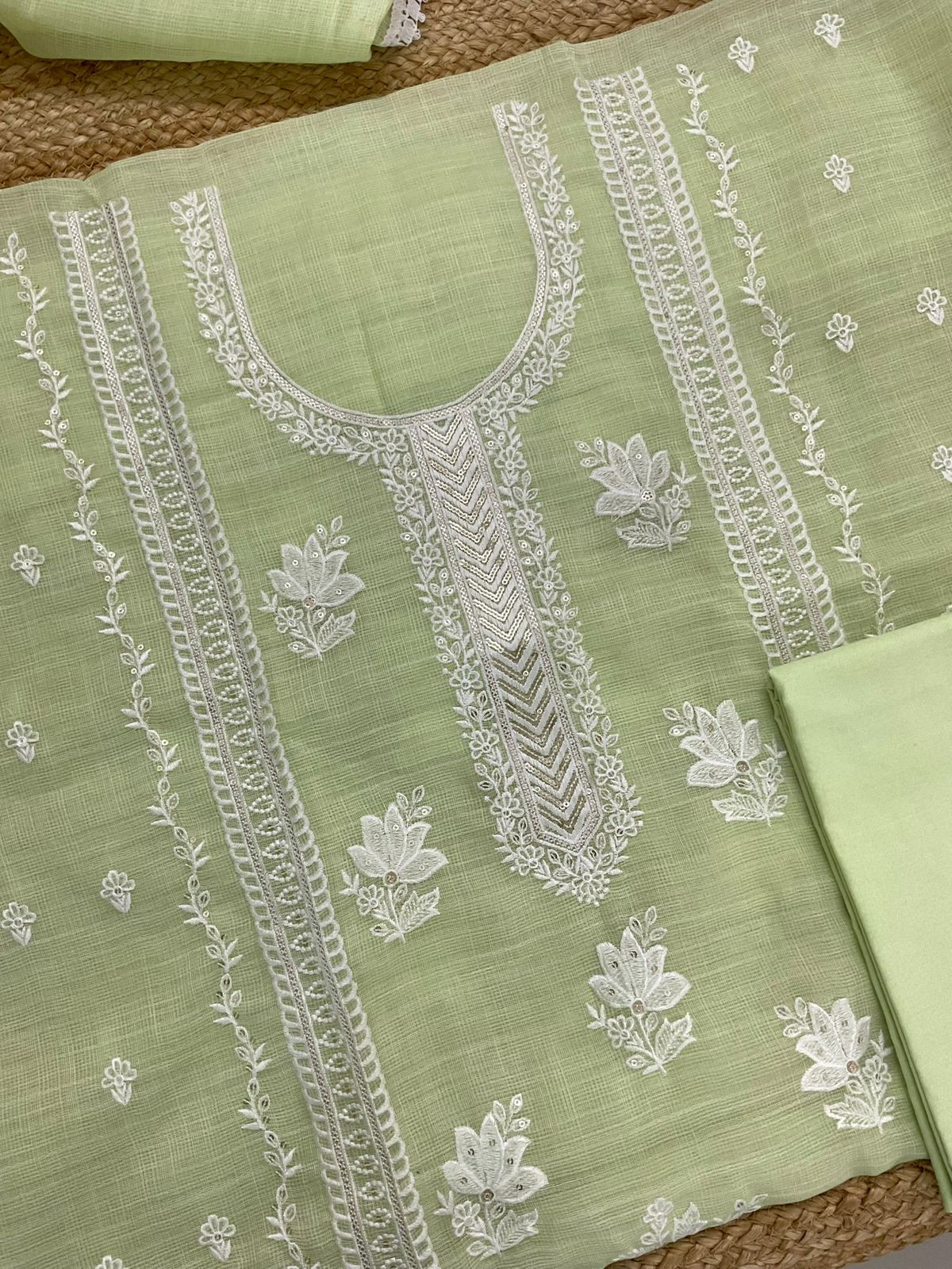 Soft Jute Kota Cotton Embroidered Suit - Green