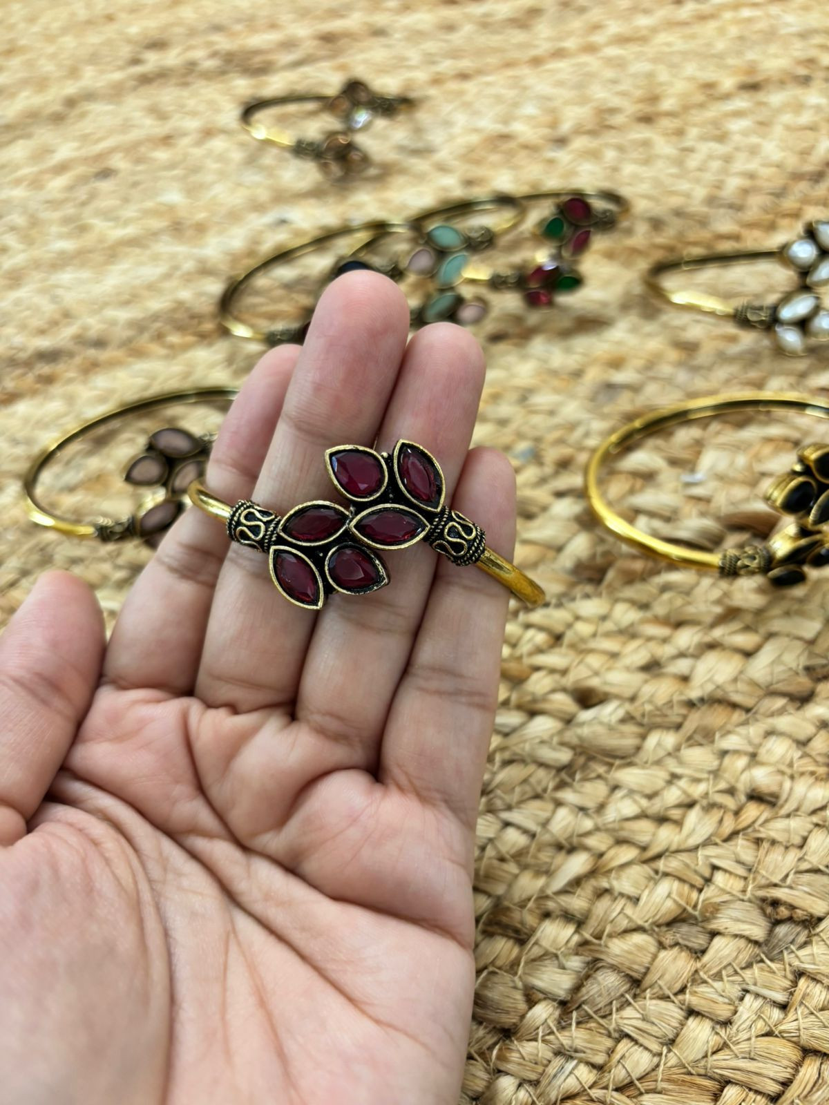 Metallic Oxidised Adjustable Gold Bangle - Red