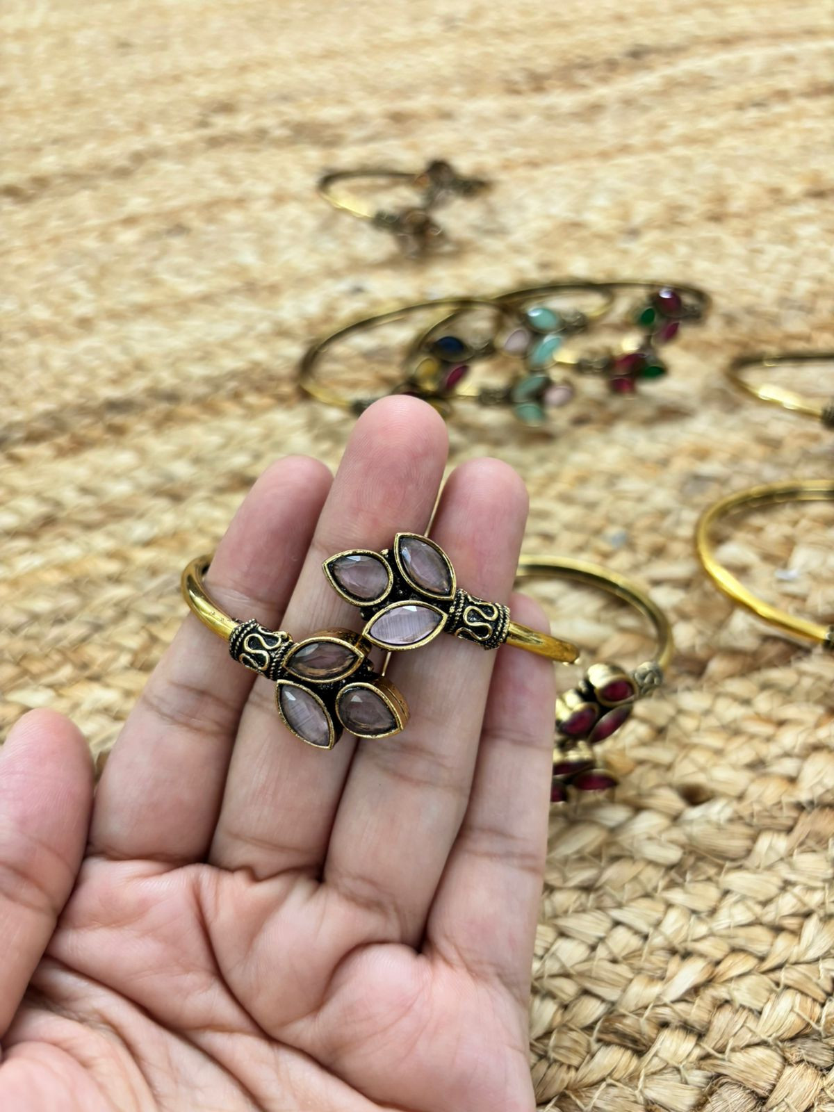 Metallic Oxidised Adjustable Gold Bangle - Pink