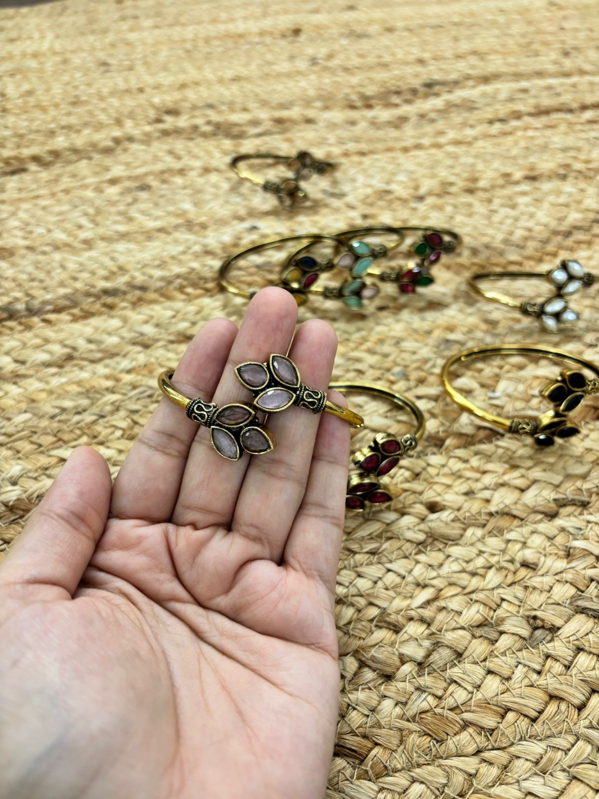 Metallic Oxidised Adjustable Gold Bangle - Pink