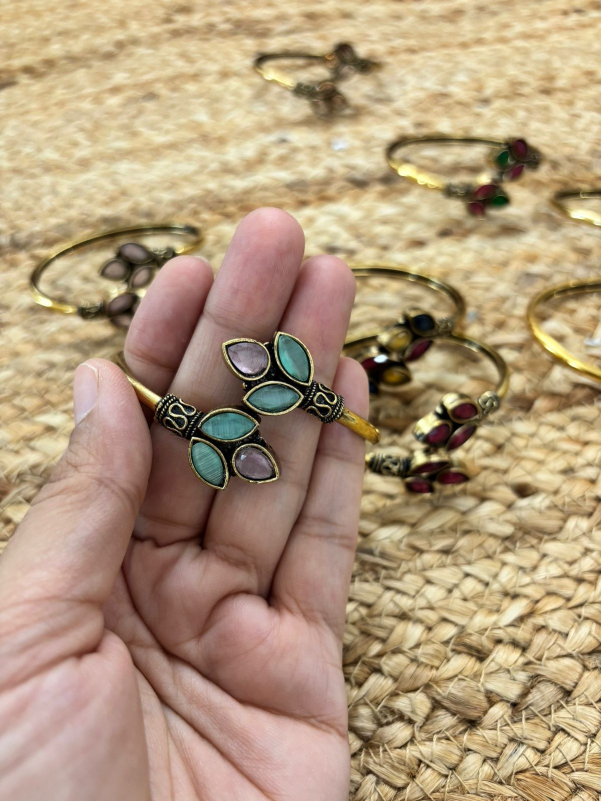 Metallic Oxidised Adjustable Gold Bangle - Seagreen-Pink