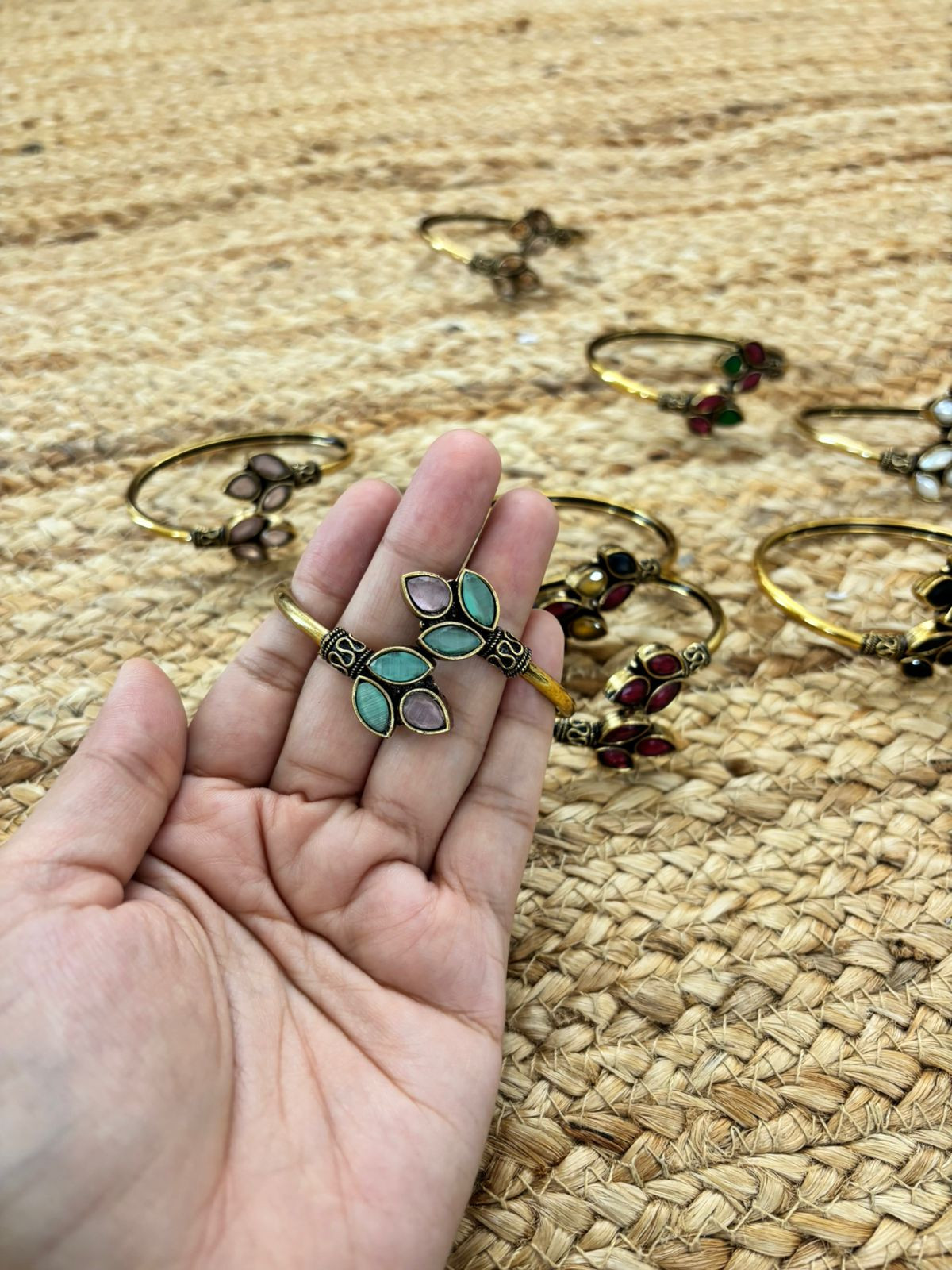 Metallic Oxidised Adjustable Gold Bangle - Seagreen-Pink