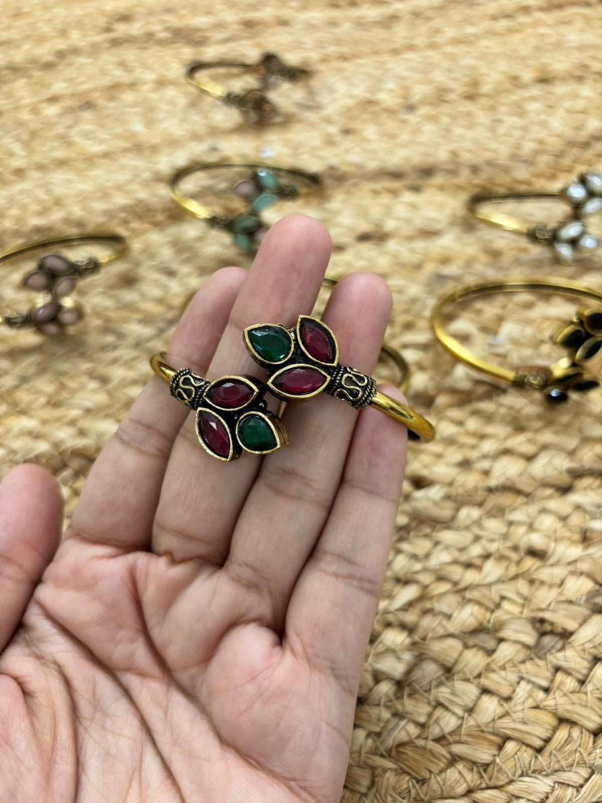 Metallic Oxidised Adjustable Gold Bangle - Red-Green