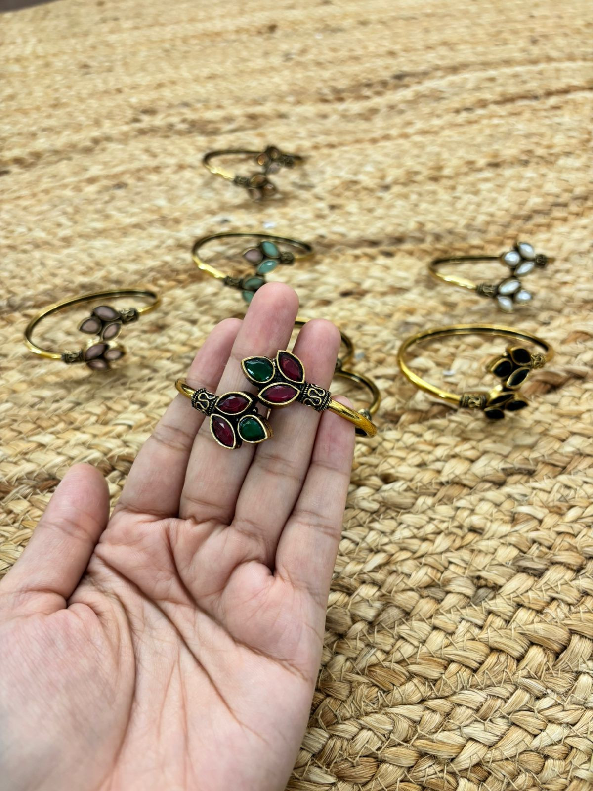 Metallic Oxidised Adjustable Gold Bangle - Red-Green