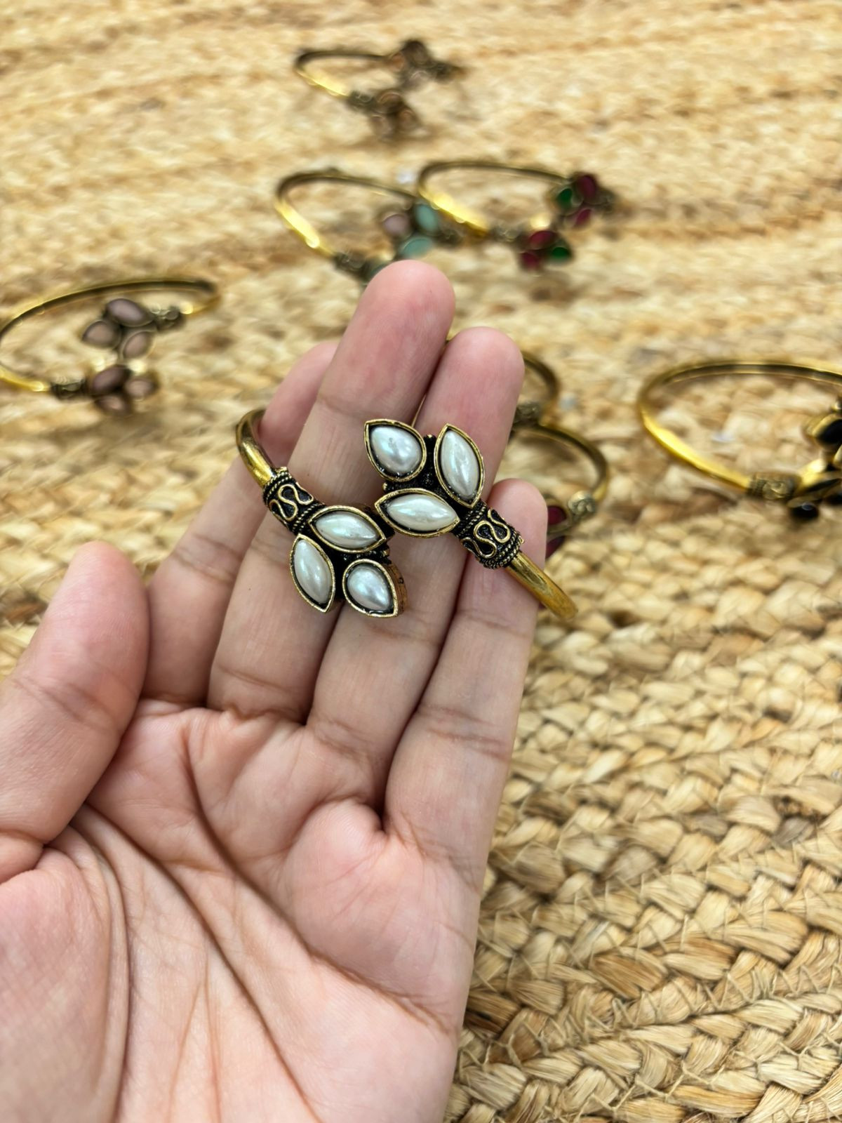 Metallic Oxidised Adjustable Gold Bangle - Pearl