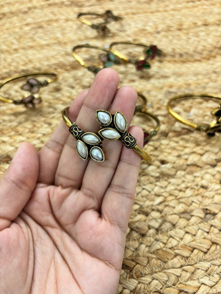 Image of Metallic Oxidised Adjustable Gold Bangle - Pearl