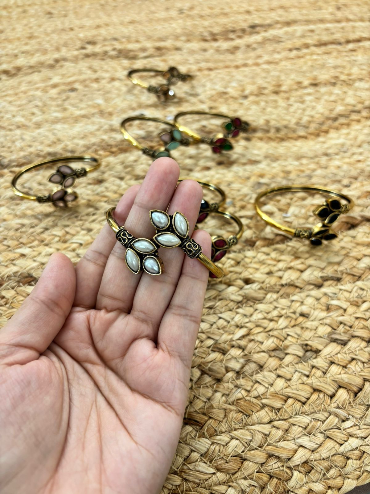 Metallic Oxidised Adjustable Gold Bangle - Pearl