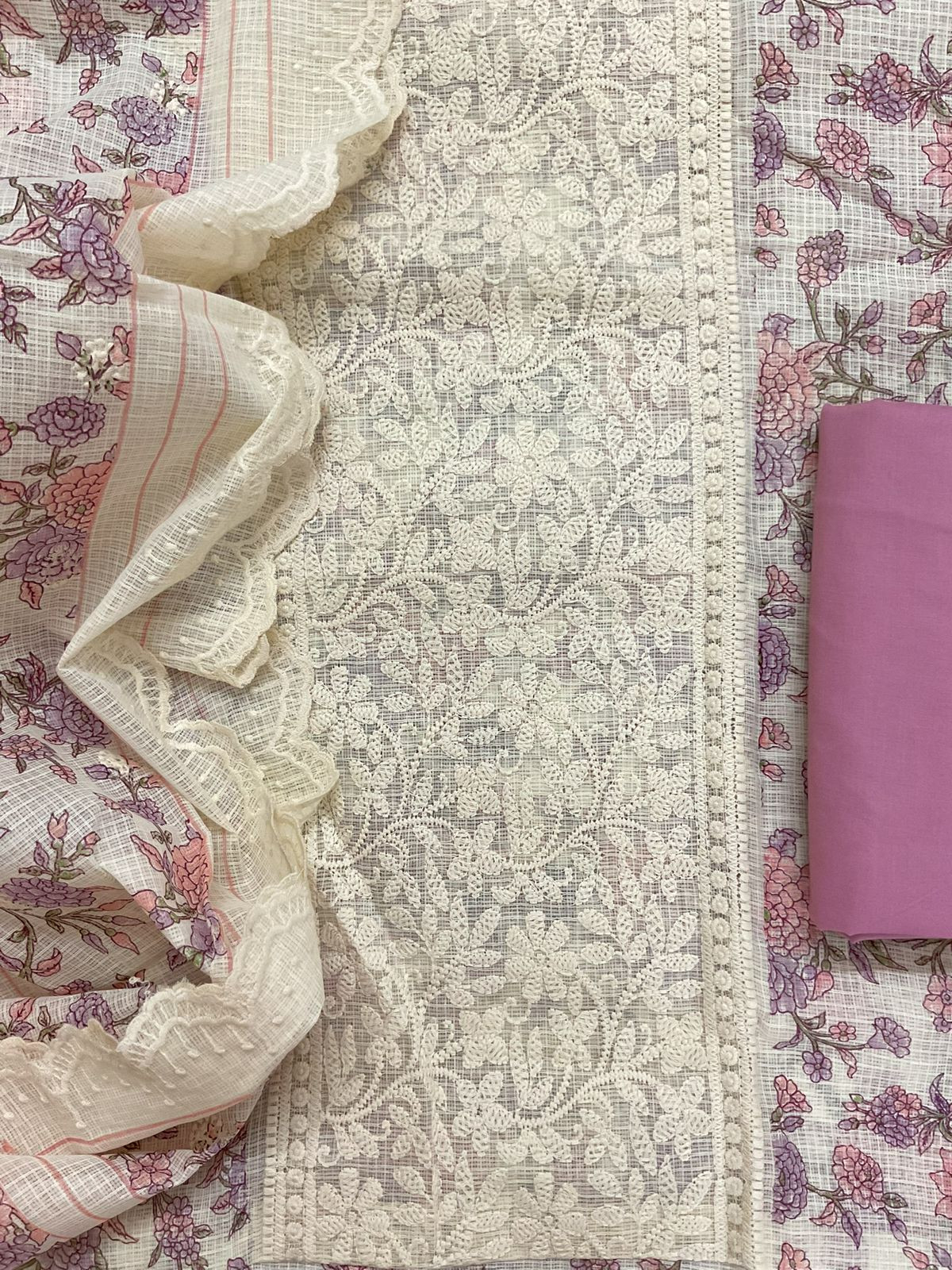 Pure Kota Cotton Printed Embroidered Suit - Cream