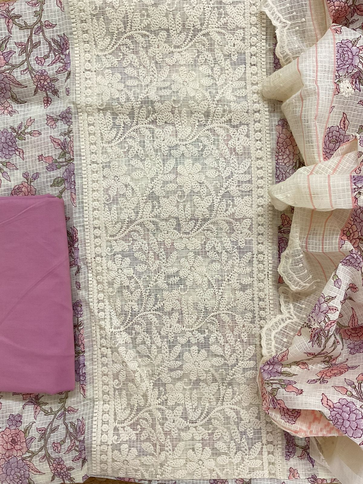 Pure Kota Cotton Printed Embroidered Suit - Cream