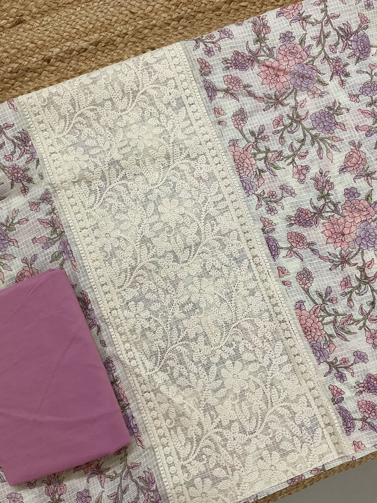 Pure Kota Cotton Printed Embroidered Suit - Cream