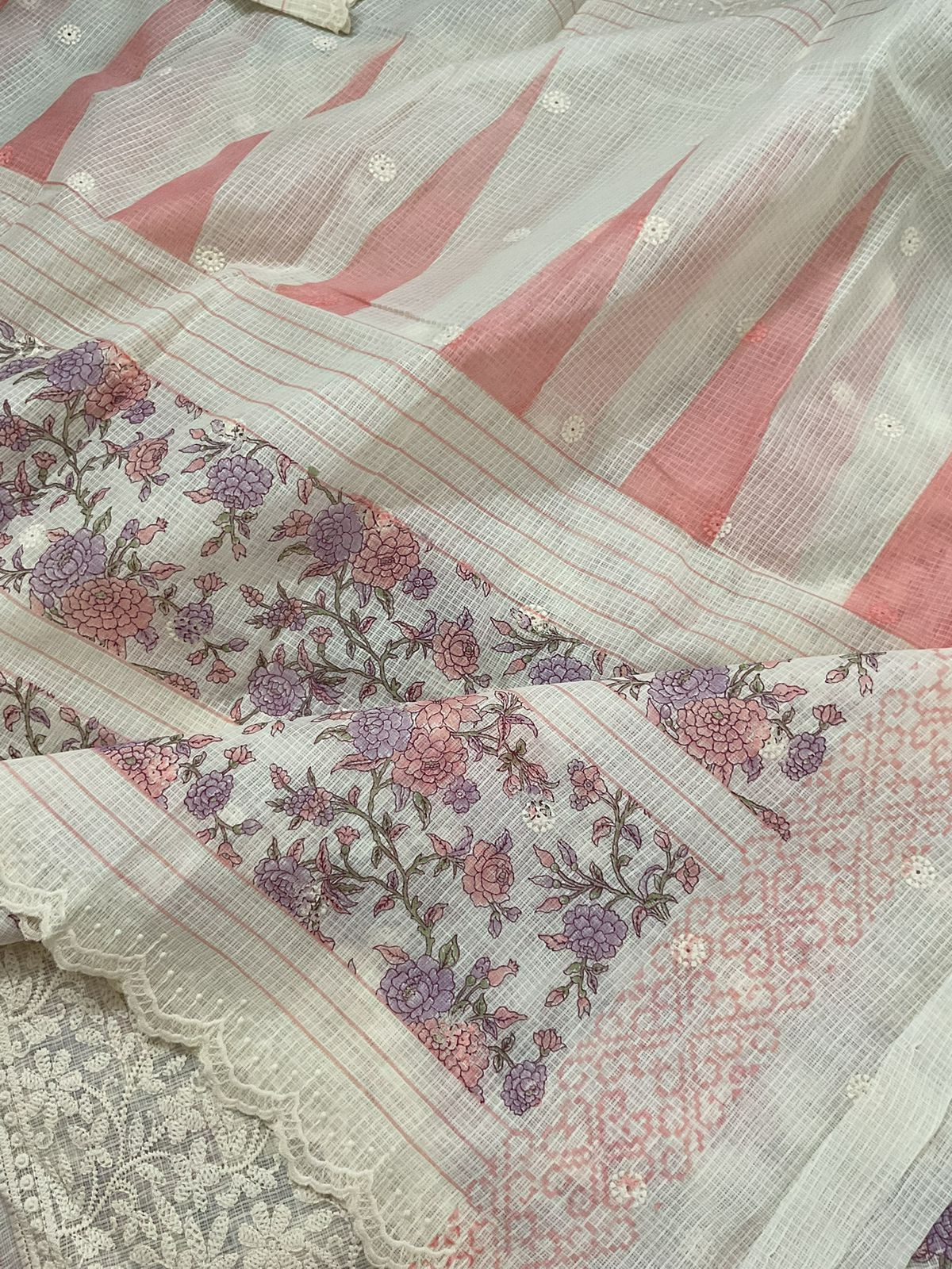 Pure Kota Cotton Printed Embroidered Suit - Cream