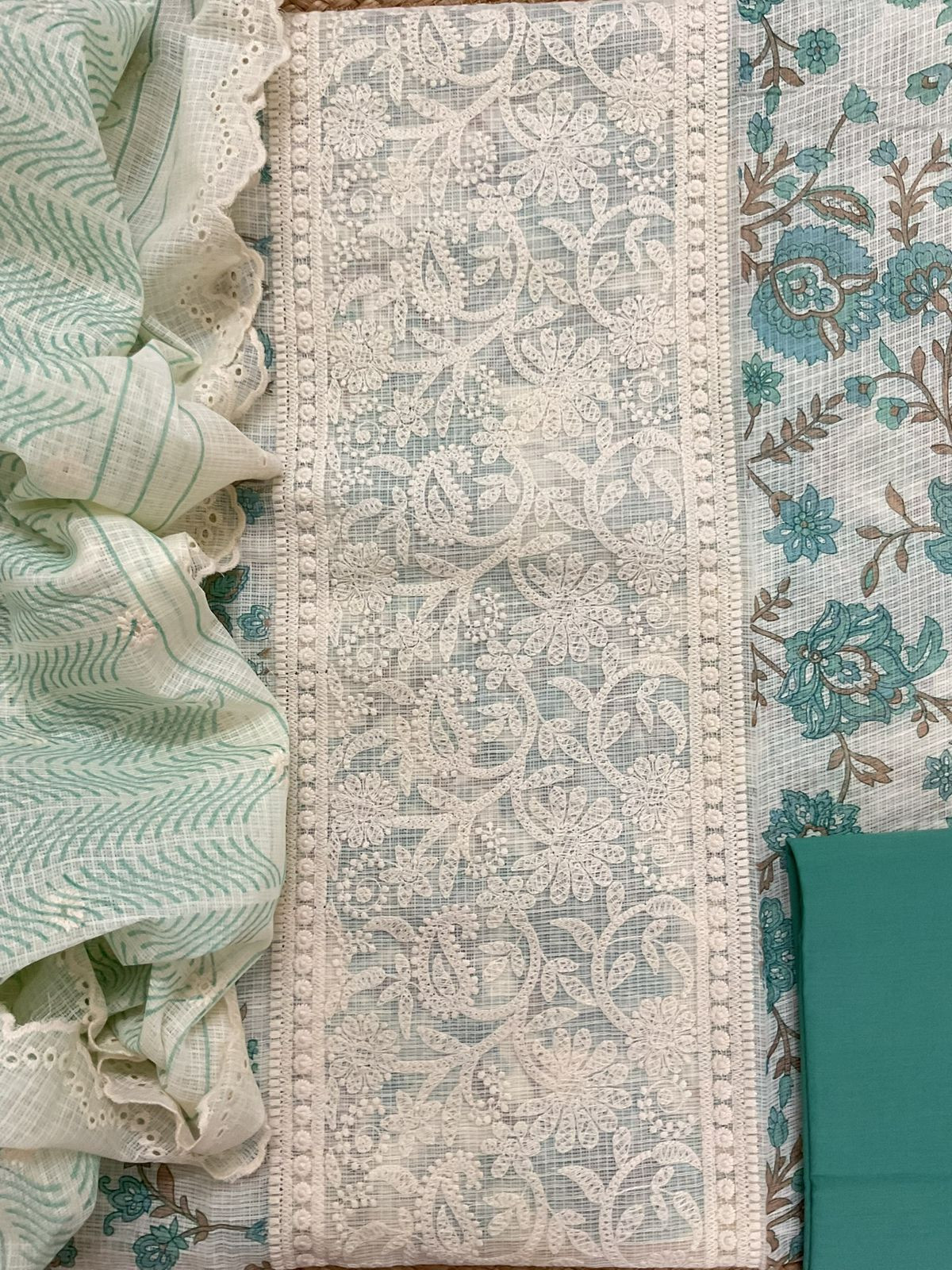 Pure Kota Cotton Printed Embroidered Suit - Cream