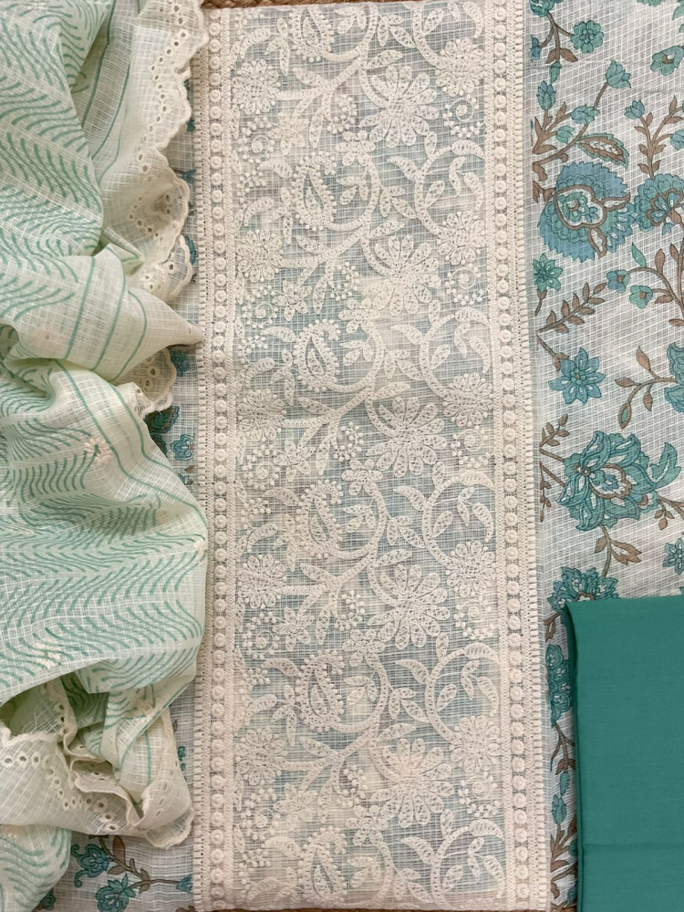 Image of Pure Kota Cotton Printed Embroidered Suit - Cream