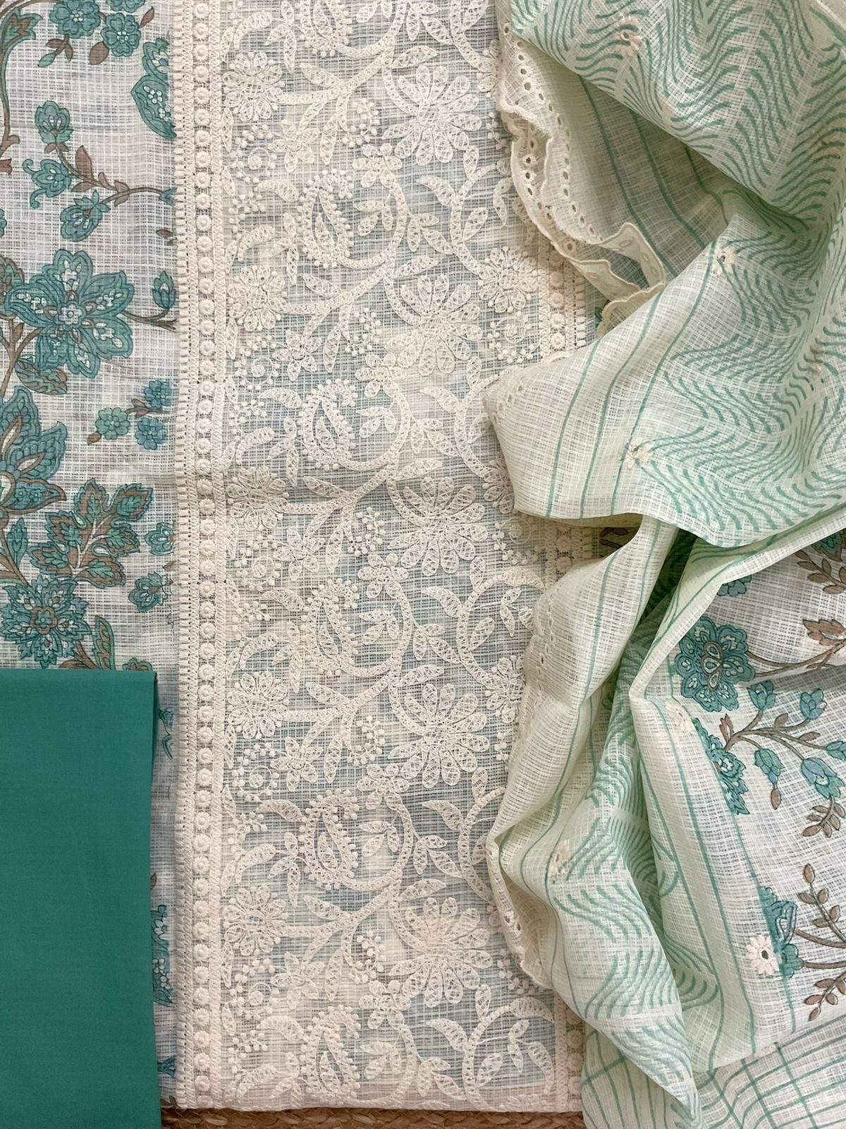 Pure Kota Cotton Printed Embroidered Suit - Cream