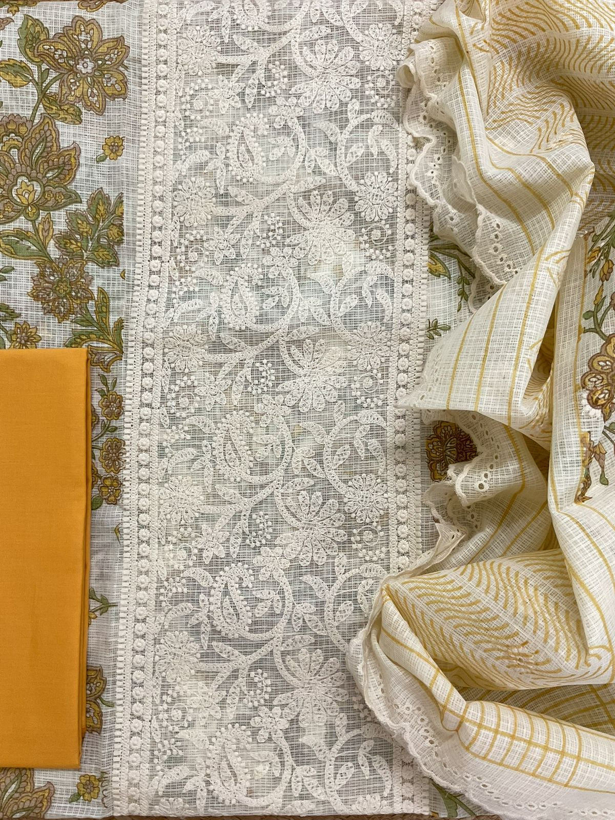 Pure Kota Cotton Printed Embroidered Suit - Cream