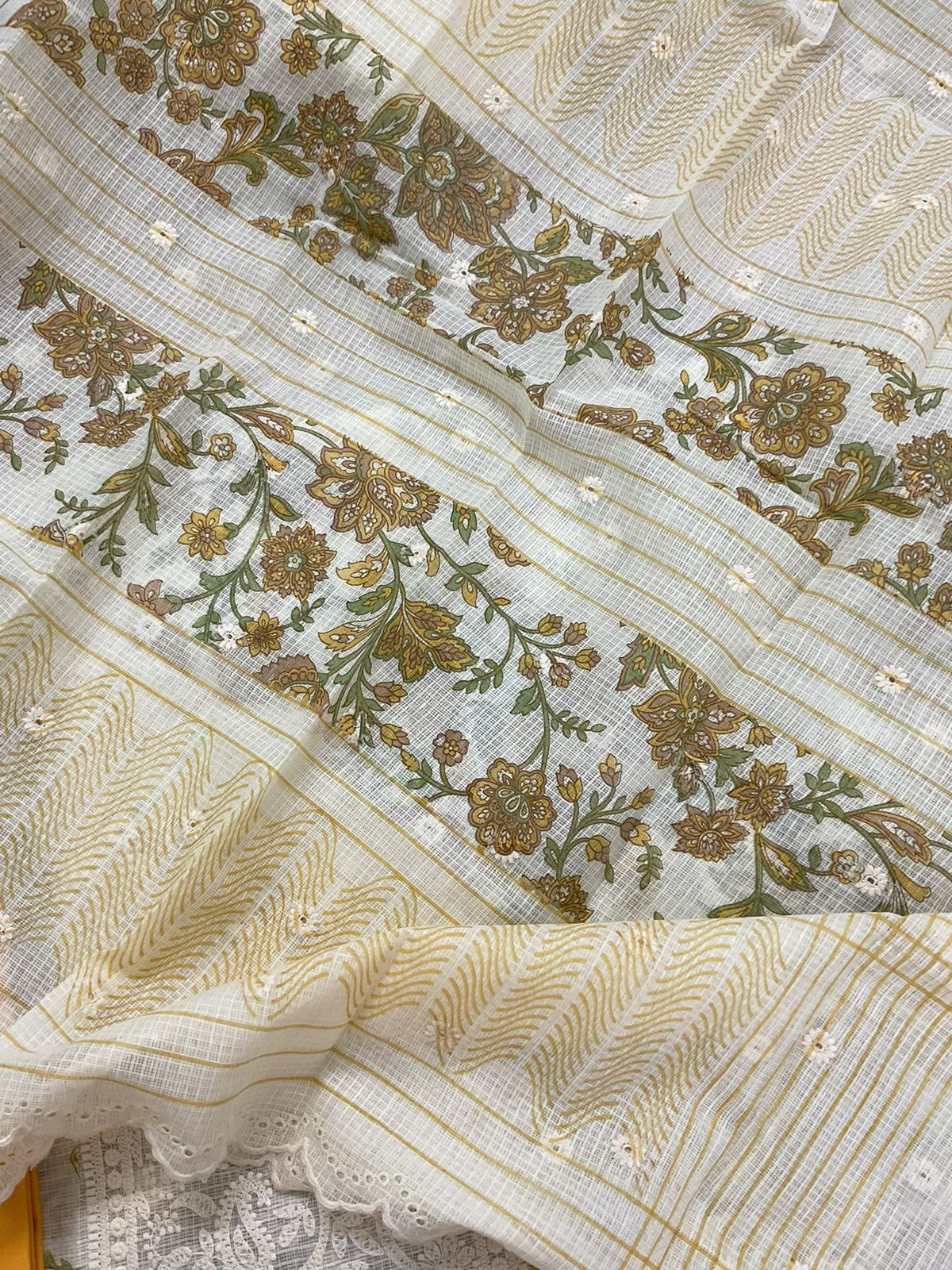 Pure Kota Cotton Printed Embroidered Suit - Cream