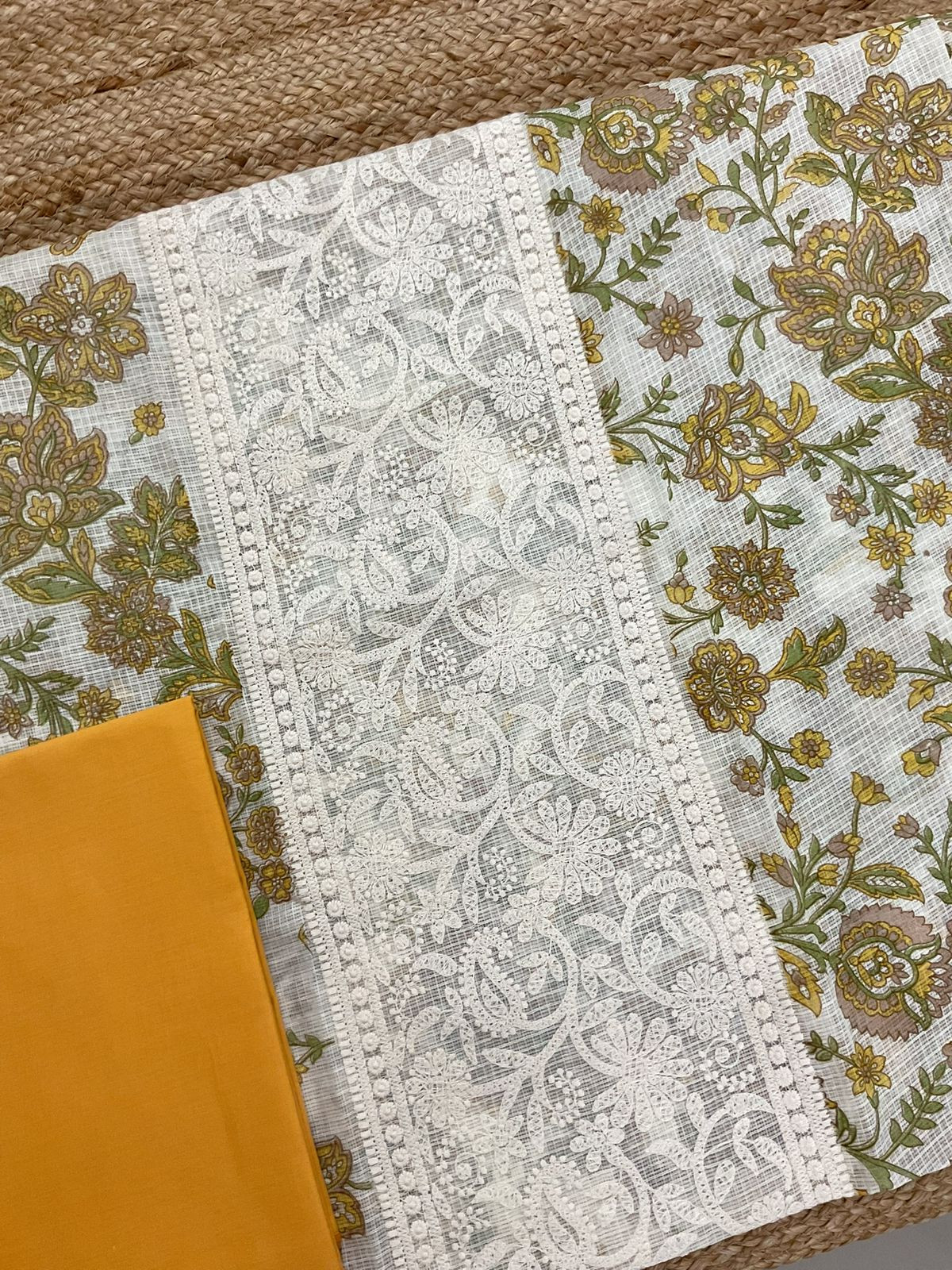 Pure Kota Cotton Printed Embroidered Suit - Cream