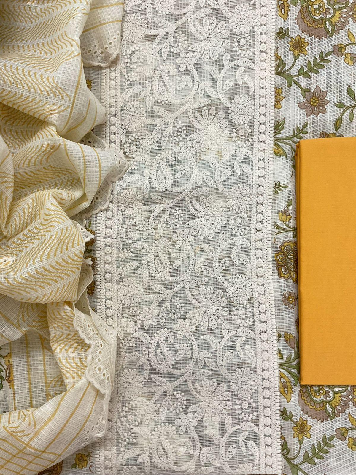 Pure Kota Cotton Printed Embroidered Suit - Cream