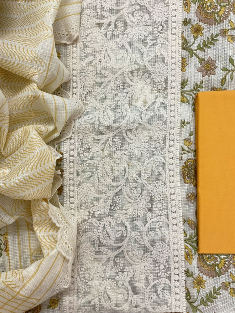 Image of Pure Kota Cotton Printed Embroidered Suit - Cream