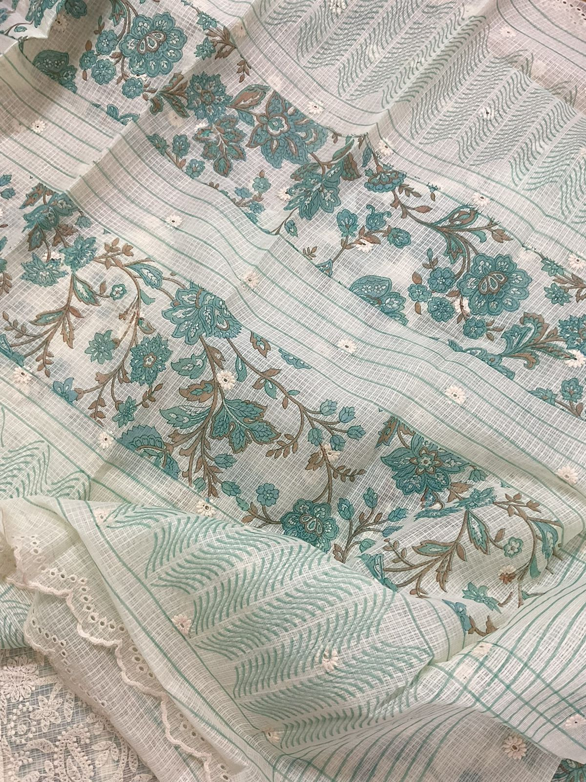 Pure Kota Cotton Printed Embroidered Suit - Cream