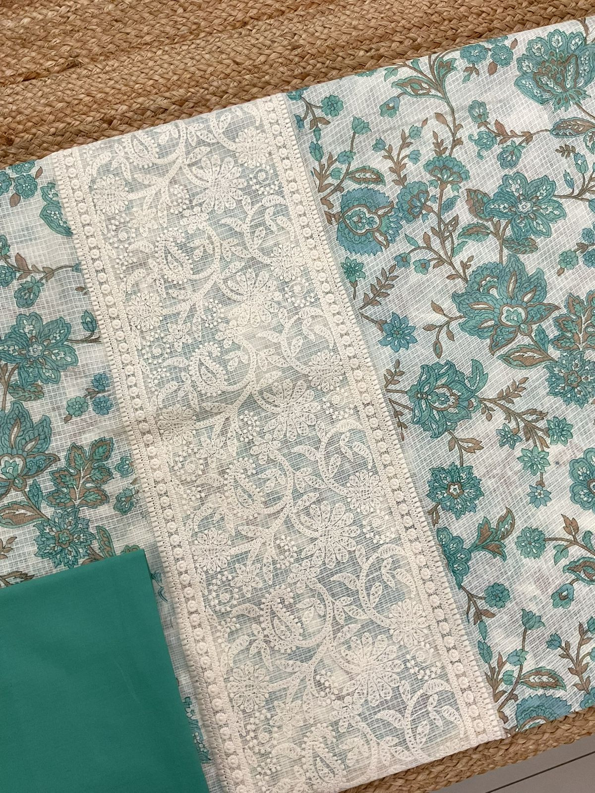 Pure Kota Cotton Printed Embroidered Suit - Cream