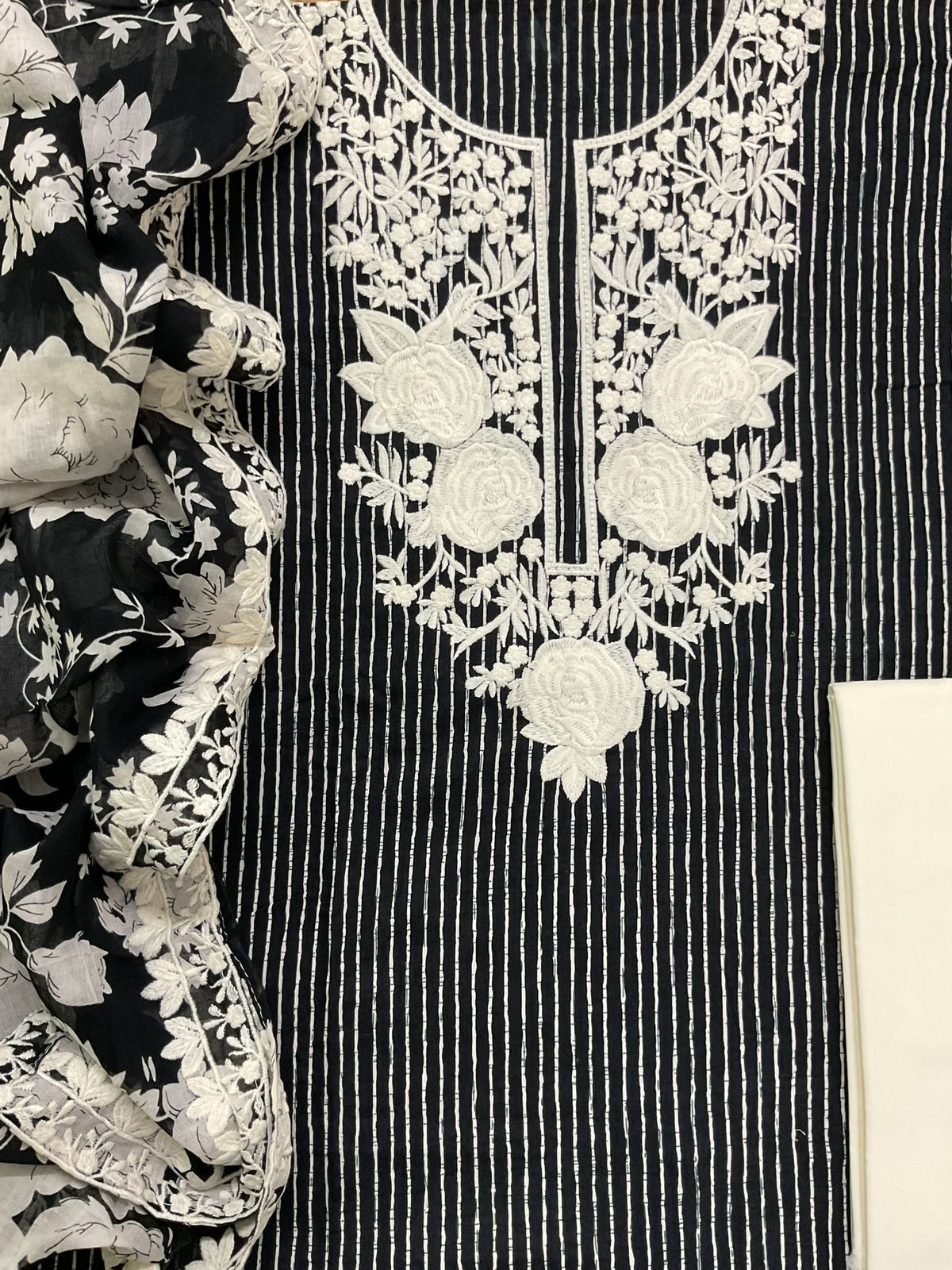 Pure Mul Cotton Printed Embroidered Suit - Black