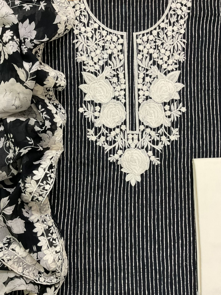 Image of Pure Mul Cotton Printed Embroidered Suit - Black