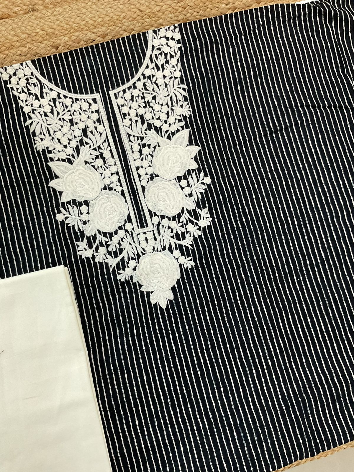 Pure Mul Cotton Printed Embroidered Suit - Black