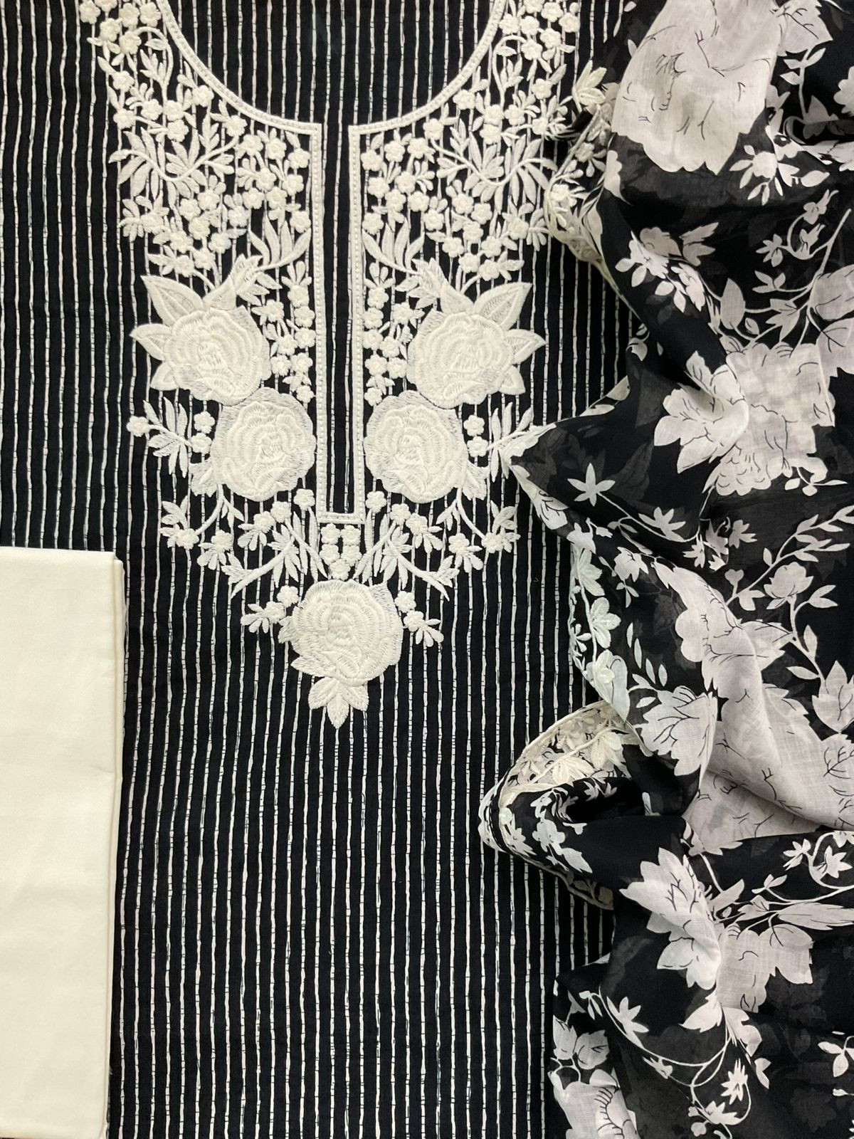 Pure Mul Cotton Printed Embroidered Suit - Black