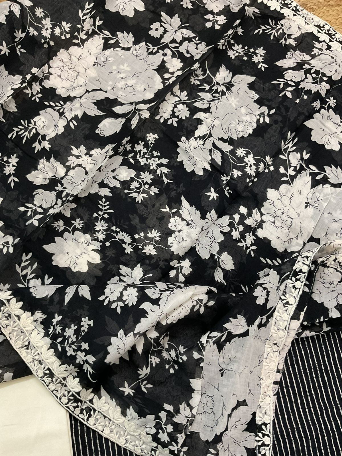 Pure Mul Cotton Printed Embroidered Suit - Black