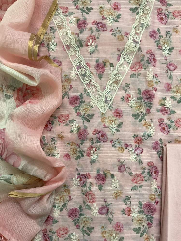 Image of Soft Linen Jute Cotton Self Weaved Printed Embroidered Suit - Pink