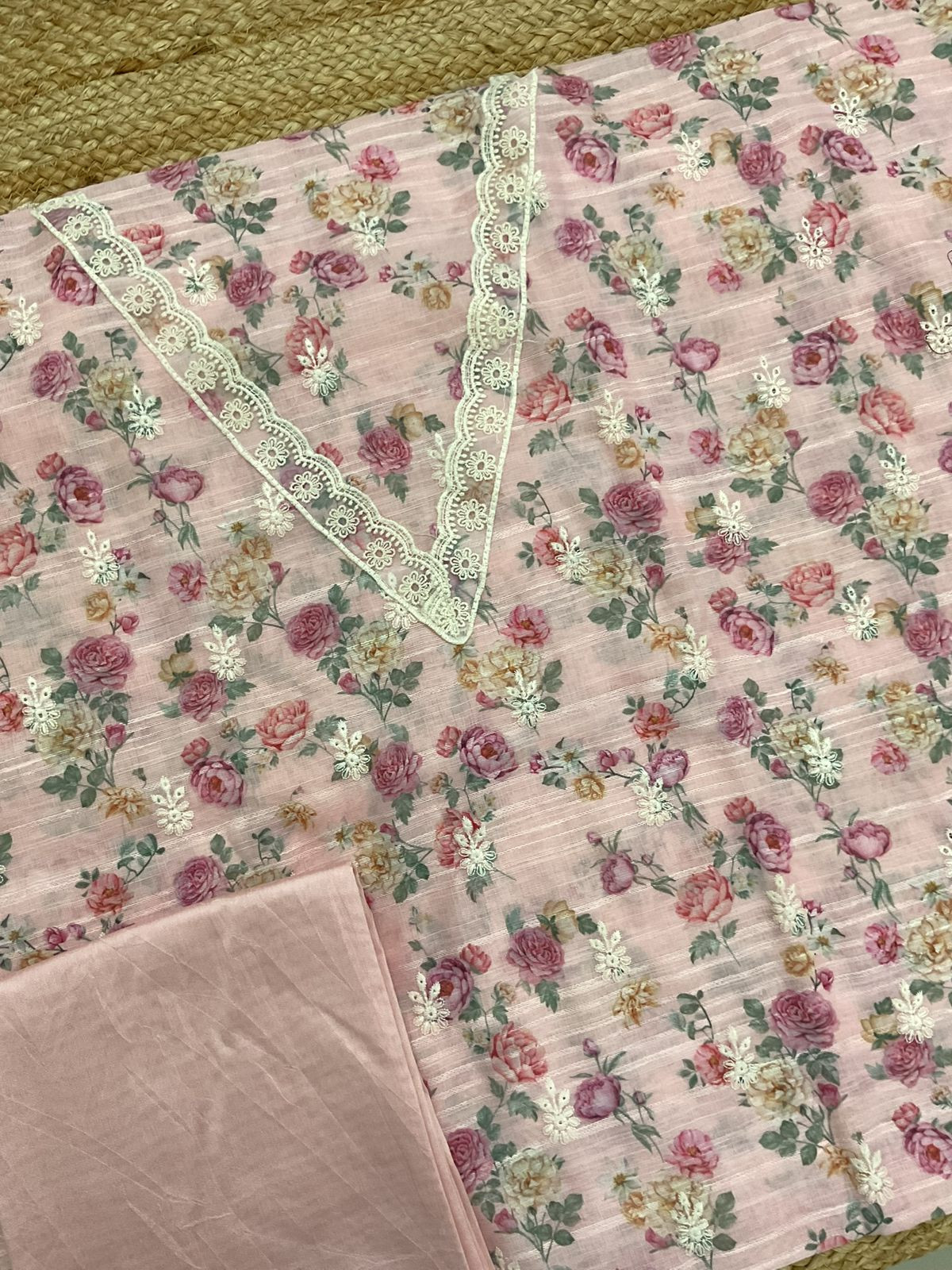 Soft Linen Jute Cotton Self Weaved Printed Embroidered Suit - Pink