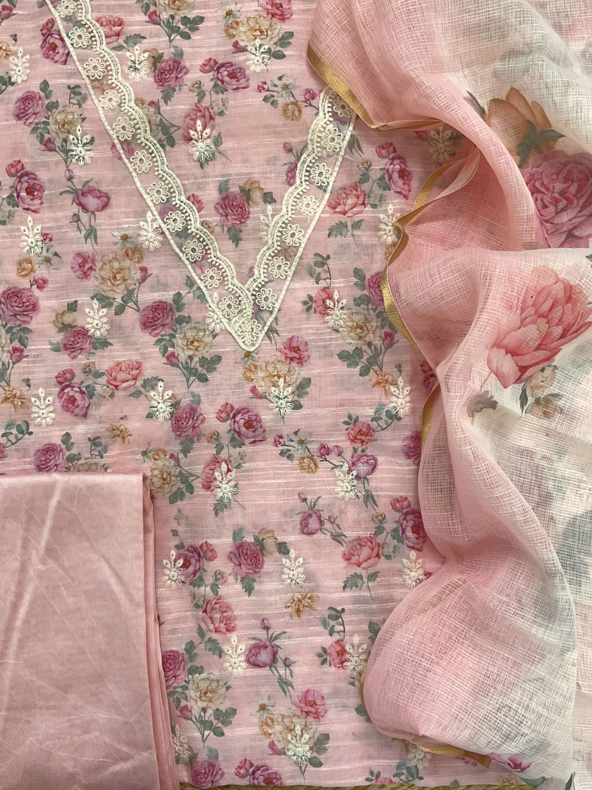 Soft Linen Jute Cotton Self Weaved Printed Embroidered Suit - Pink