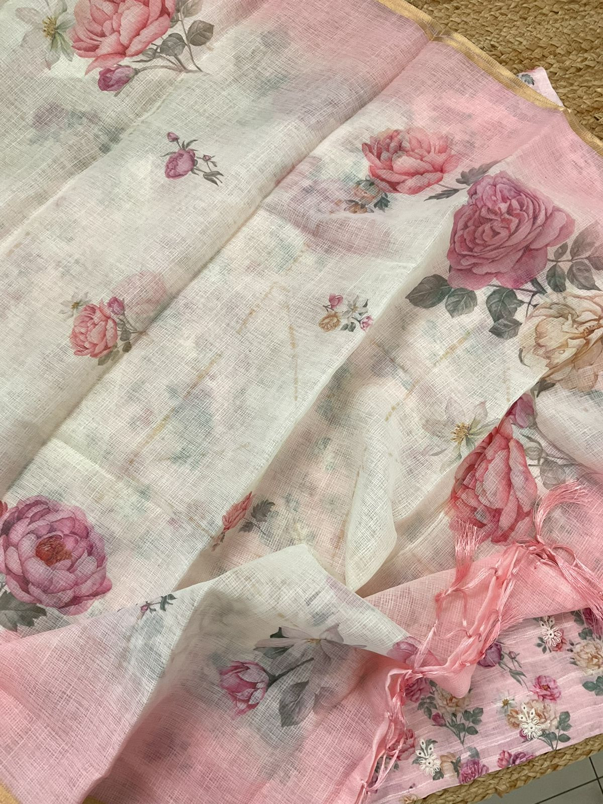 Soft Linen Jute Cotton Self Weaved Printed Embroidered Suit - Pink