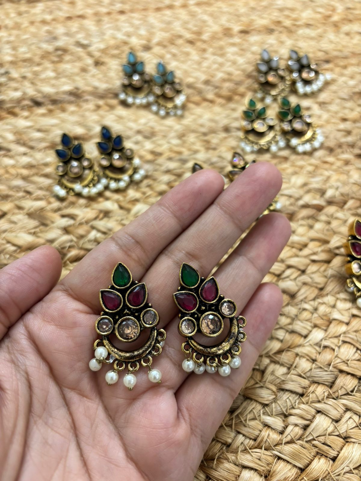 Metallic Oxidised Gold Earrings - Green
