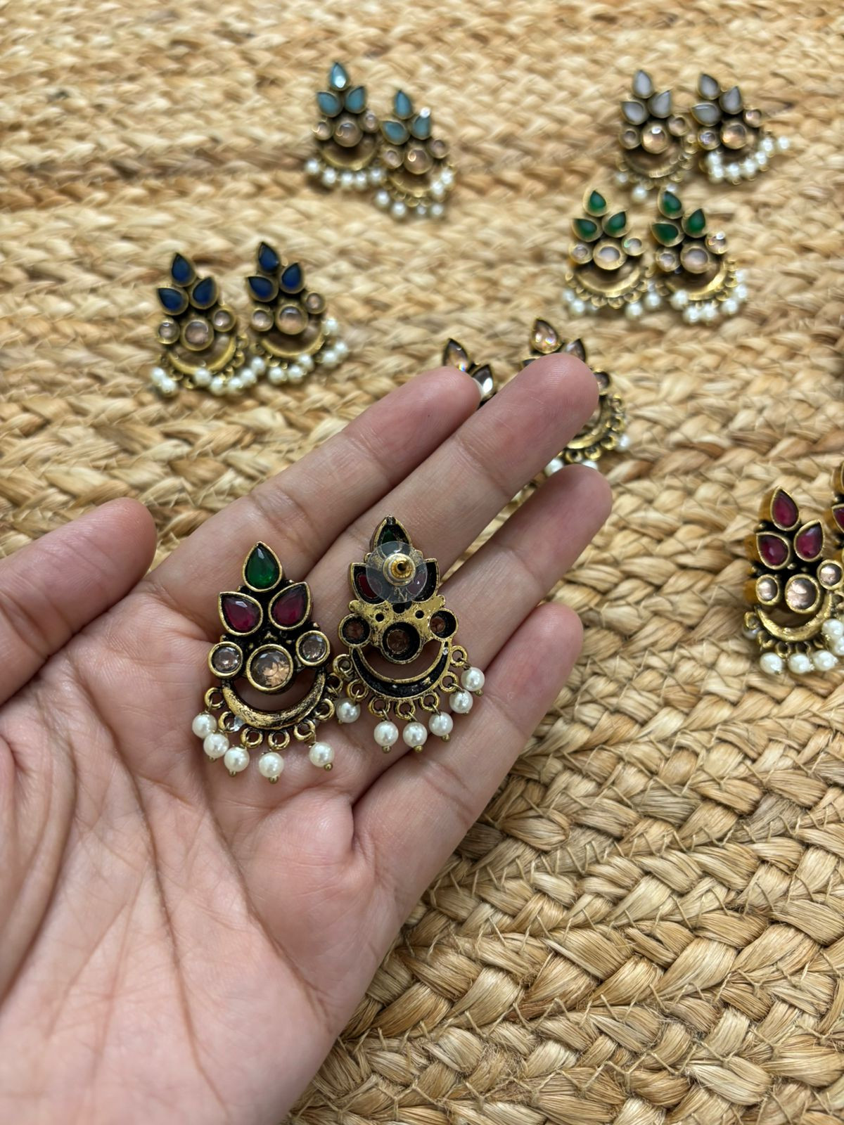 Metallic Oxidised Gold Earrings - Green