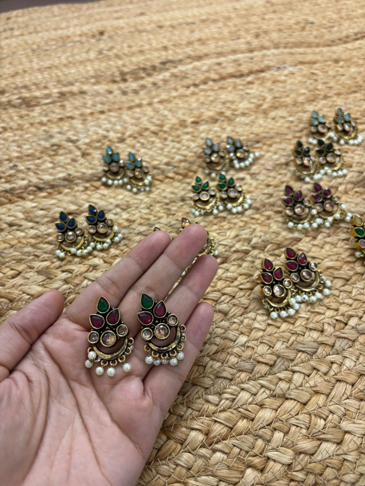 Metallic Oxidised Gold Earrings - Green