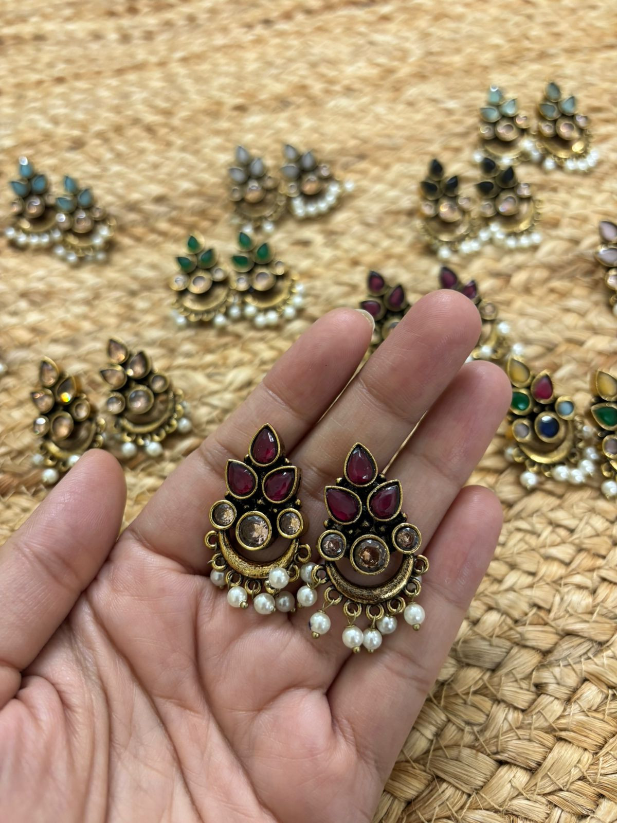 Metallic Oxidised Gold Earrings - Maroon
