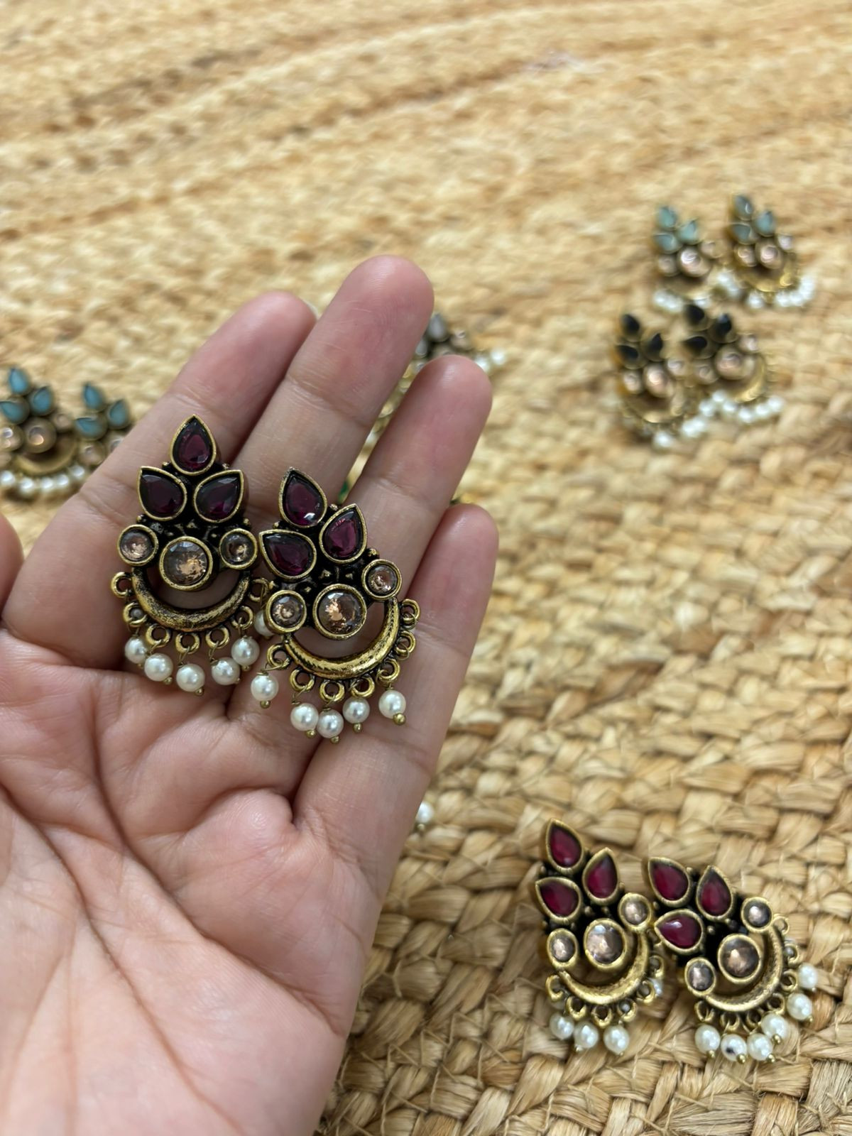 Metallic Oxidised Gold Earrings - Wine