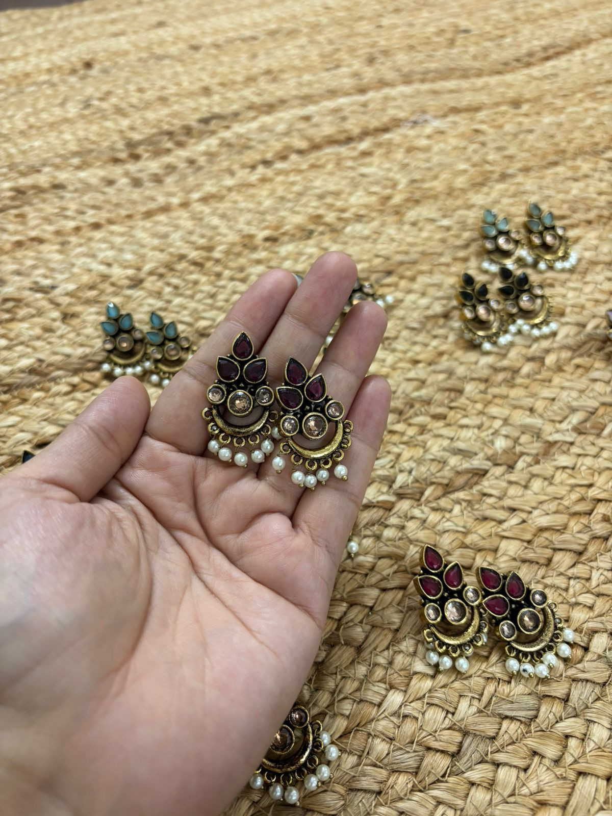 Metallic Oxidised Gold Earrings - Wine