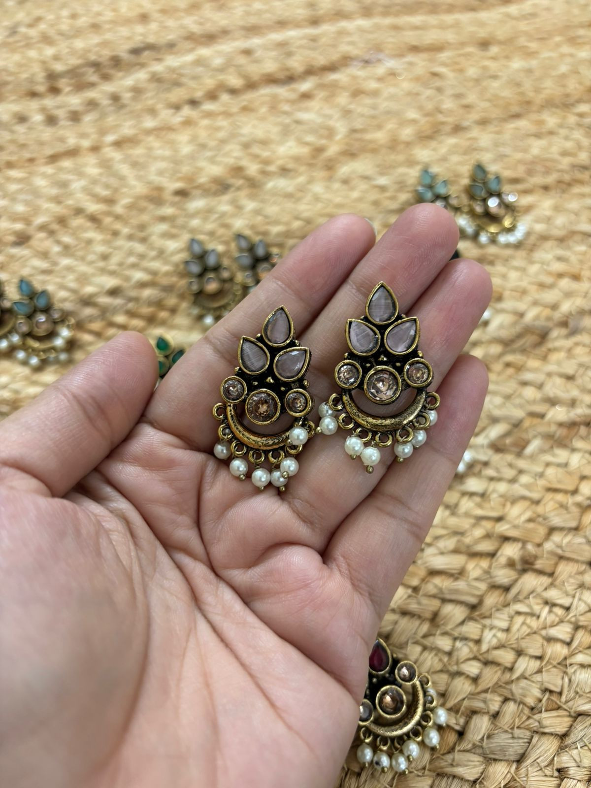 Metallic Oxidised Gold Earrings - Pink