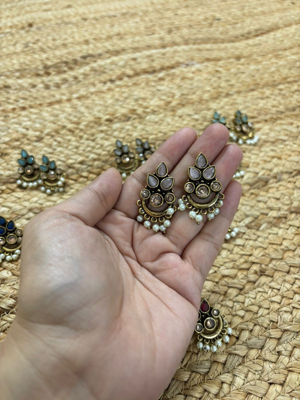 Metallic Oxidised Gold Earrings - Pink